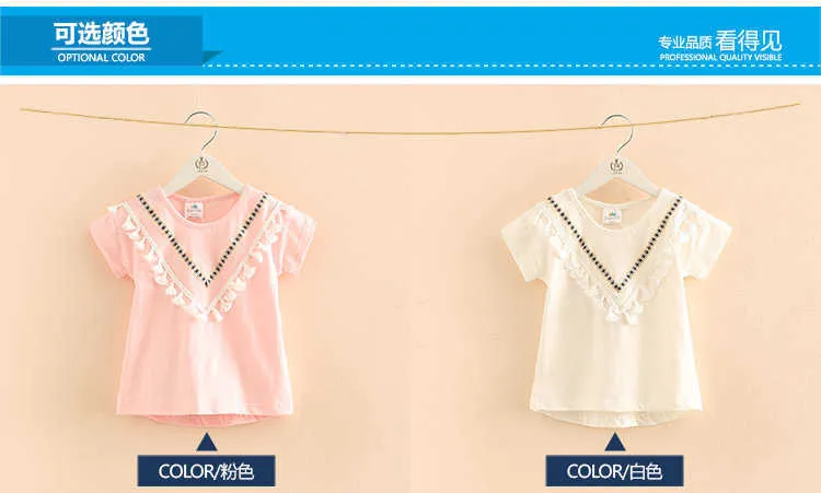 Girls Clothes Summer 100% Cotton White Pink Solid Color V Tassels Patchwork Short Sleeve O-Neck T Shirt Girls (1)