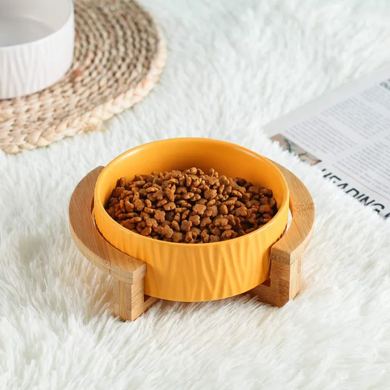 Elevated Ceramic Cat Bowl with Wood Stand - Tree Design, No Spill Pet ...