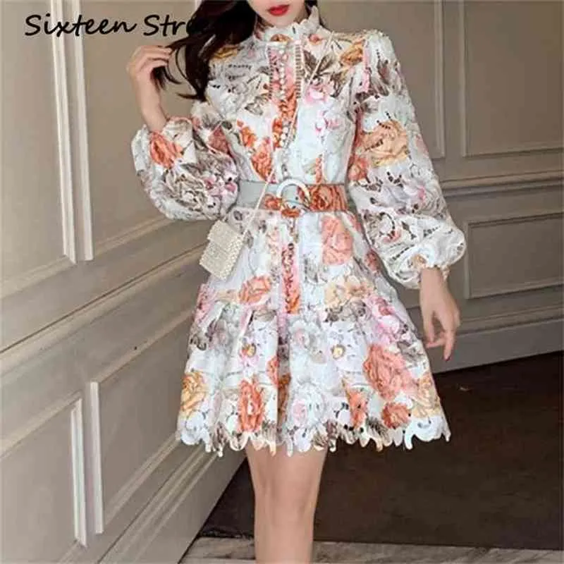 Vintage Printed Dress Woman Spring Single-breasted Stand Collar Lantern Sleeve Hollow Out Lace Female Sashes Casual 210603