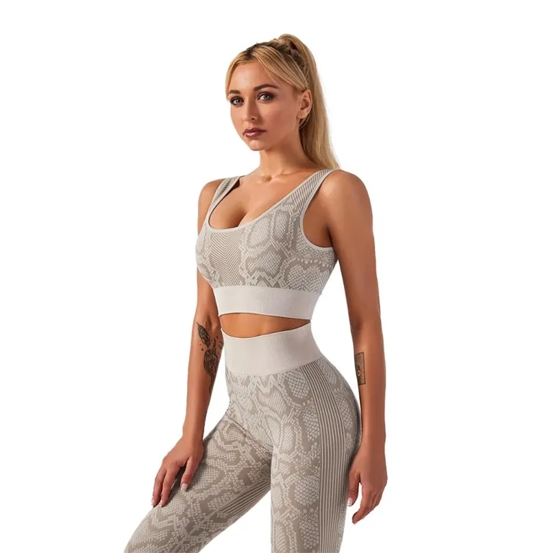 2 pz / Set Snake Stampa Donna Seamless Yoga Set Sport Bra + Leggings ad alta vita Allenamento Abbigliamento Abbigliamento Vestito Sport Sport Sport Sportswear 210813