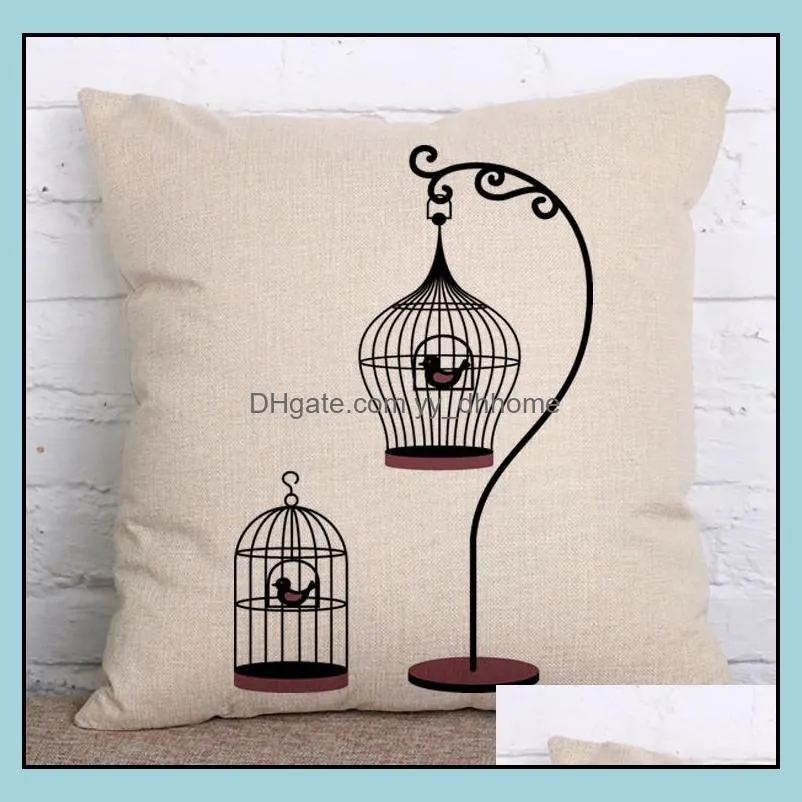 Soft Linen Cotton Pillow Case Bird Cage Print Cushion Cover Sofa Decor Throw Pillowcase Home Hotel Textiles Supplies