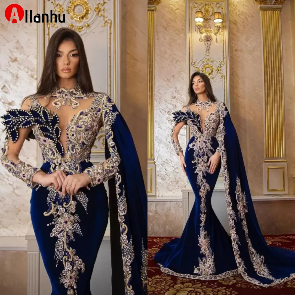 NY! 2022 Luxury Velvet Royal Blue Mermaid Evening Dresses Pärlor Långärmade High Neck Födelsedagsfest Promokläder med Shawl Custom Made