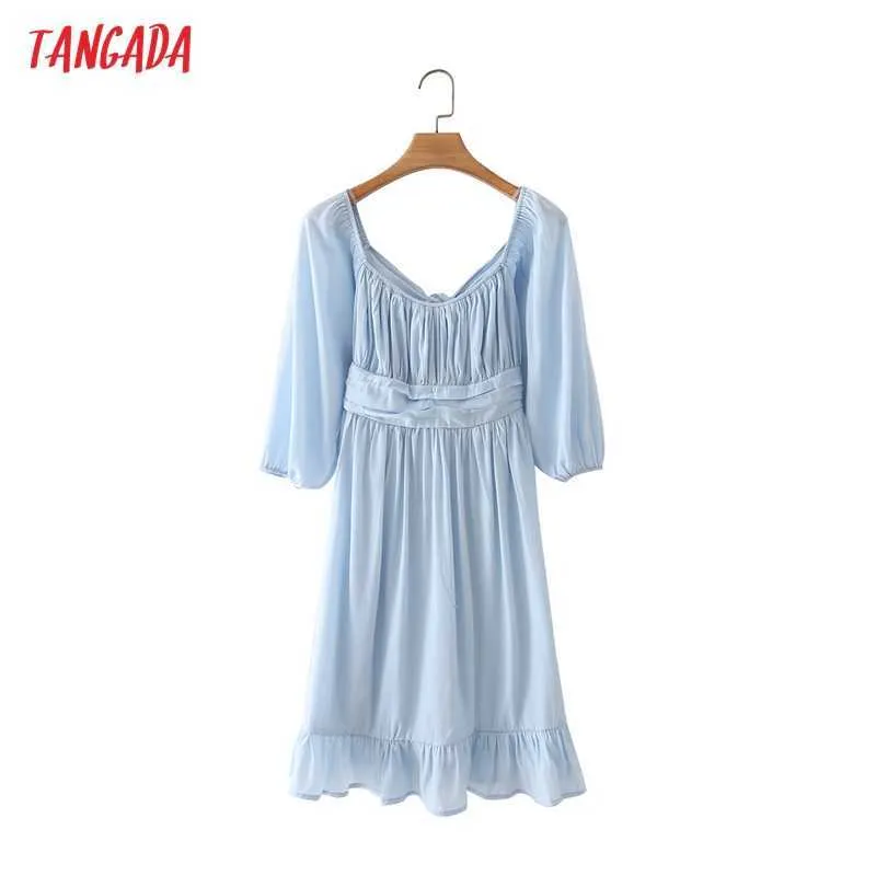 Tangada Zomer Dames Franse Stijl Blauw Off Shoulder Dress Backless Puff Sleeve Dames Sundress 4T65 210609