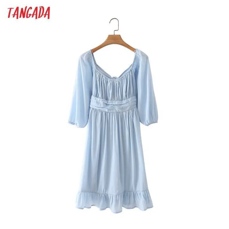 Tangada Summer Women French Style Blue Off Ramię Dress Backless Puff Sleeve Damska Sundress 4T65 210609