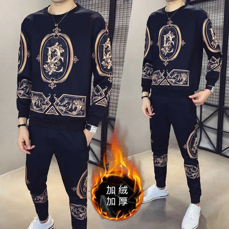 Winter 2 Piece Set Tracksuit Men Sweater Suits Velvet Thick Casual Streetwear O-Neck Sweatshirt Pants Ropa Deportiva Mujer 210527