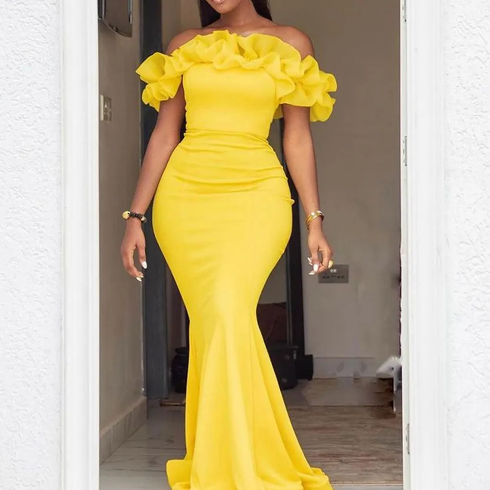 Africain jaune sirène robes de bal pour les femmes volants Bateau cou Satin longues robes de soirée Simple occasion spéciale robe 2022