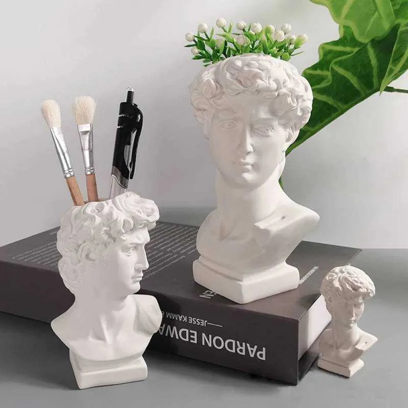 16cm Creative Pen Holder David Porträtt Människans huvud Vase Makeup Brush Storage Box Flower Pot Home Decoration Resin Crafts 210623