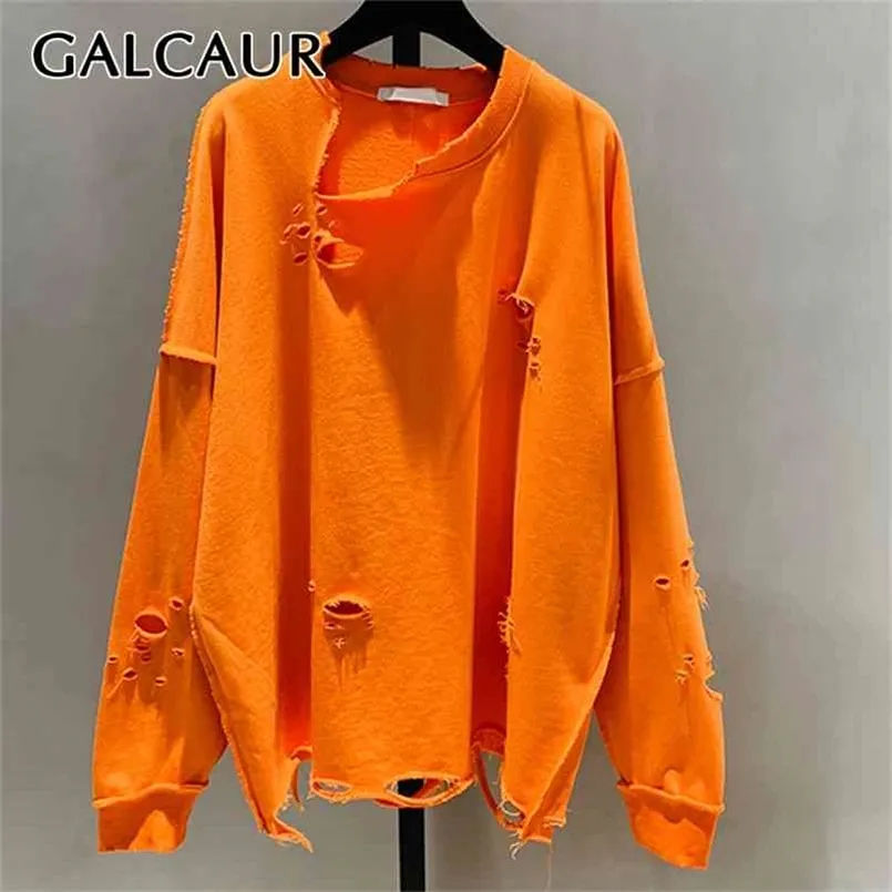 Galcaur Oversized Sweatshirt för kvinnor O Neck Långärmad Hole Koreanska Pullovers Designer Sweatshirts Kvinna Mode Kläder 210809