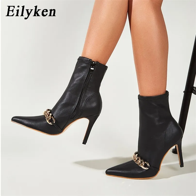 Eilyken Black Ankle Zipper Short Boots Women Pointed Toe Metal Chain Decoration Thin High Heels Autumn Sexy Booties Shoes 211104