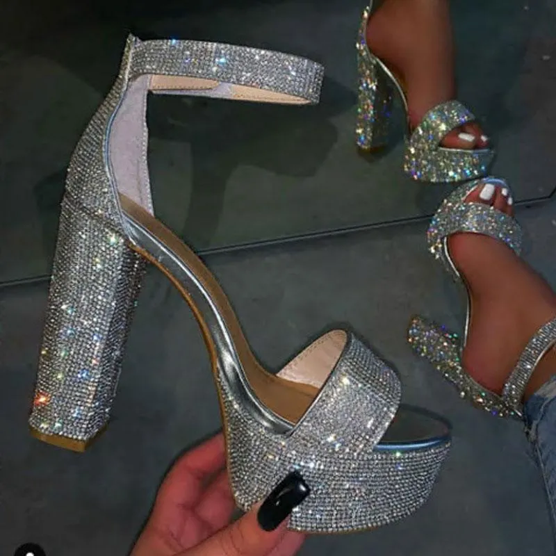 Sparkling Diamond Chunky High Heel Silver Platform Sandals With Buckle  Strap Perfect For Weddings And Summer From Sunlightt, $45.23 | DHgate.Com