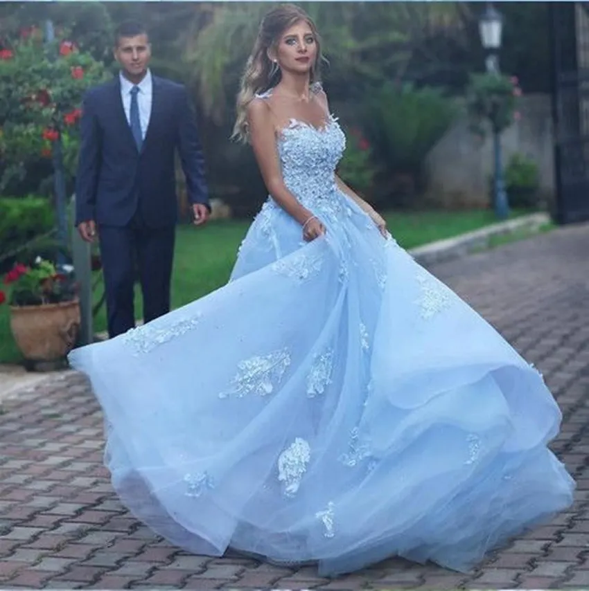 Light Blue Ball Vestido Quinceanera Vestidos 2022 Sheer Pescoço Backless Appliques Prom Festa Doces Doce 16 Aniversário Vestido Vestido de 15 Anos