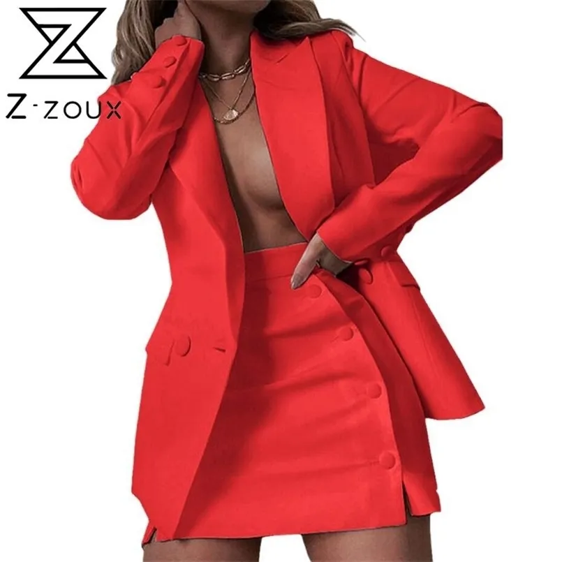 Zoux Vrouwen Suits Mode Vrouwen Rok Pak Effen Hoge Taille Sexy Split Knoppen Double Breasted Temperament Werk Past Skirt Set 211101