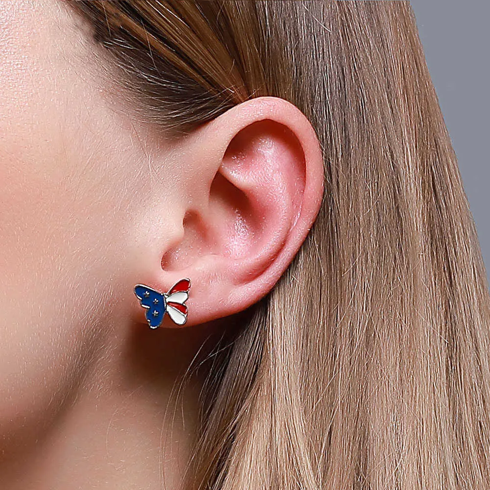 American Flag Three Stars Blue Yellow Red White Butterfly Dragonfly Copper Metal Simple Stud Earrings for Women Q0709