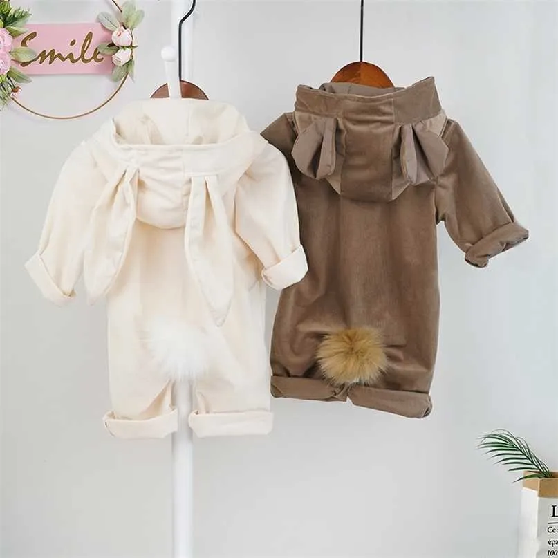 Jesień Baby Boy Ubrania Dziewczyna Z Kapturem Romper Kombinezon Born Spring Winter Bunny Bear Cartoon Kostiumy Rupa Vetement Garcon 211022