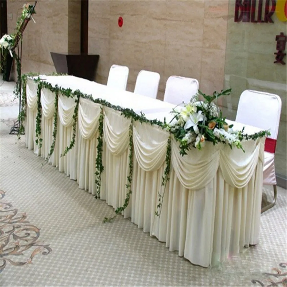 20ft طول الأبيض الجليد الحرير الجدول تنورة سماط التفاف مع أعلى غنيمة الستائر لحضور حفل زفاف حزب عيد استحمام الطفل