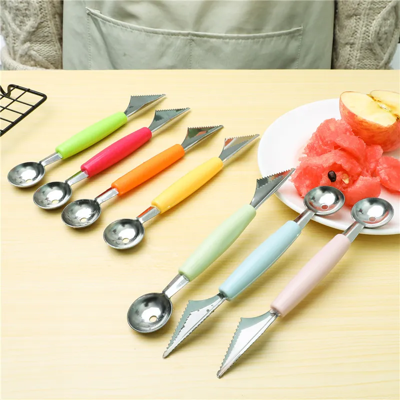 Fruit Digging Ball Spoons Ice Cream Fruits Platter Scoop Double Head Carving Knife Spoon Stainless Steel Kitchen Tableware BH5394 WLY