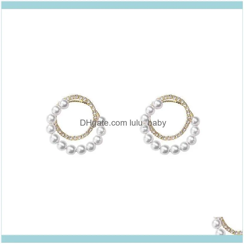 Dangle & Chandelier Korean Double Layered Round Imitation Pearl Earrings For Women Gold Color Alloy Shiny Rhinestone Drop Bridal