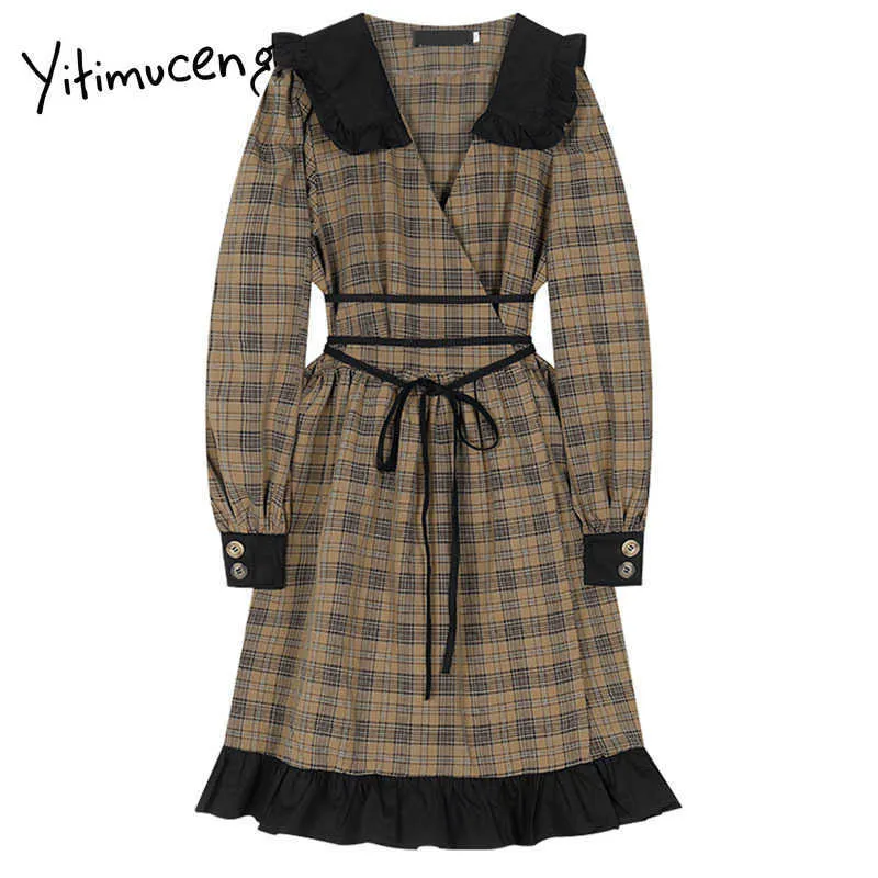 Yitimuceng Plaid Sashes Vintage Dresses Kobiety Mini A-Line Spring High Waist Rękaw Puff Peter Pan Collar Office Lady 210601