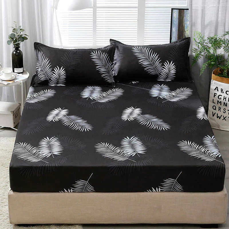 3pcs Fitted Sheet with Pillowcase Set Black Leaf Printed Single Queen Size Mattress Protector Cover Bottom Sheet for King Bed 210626