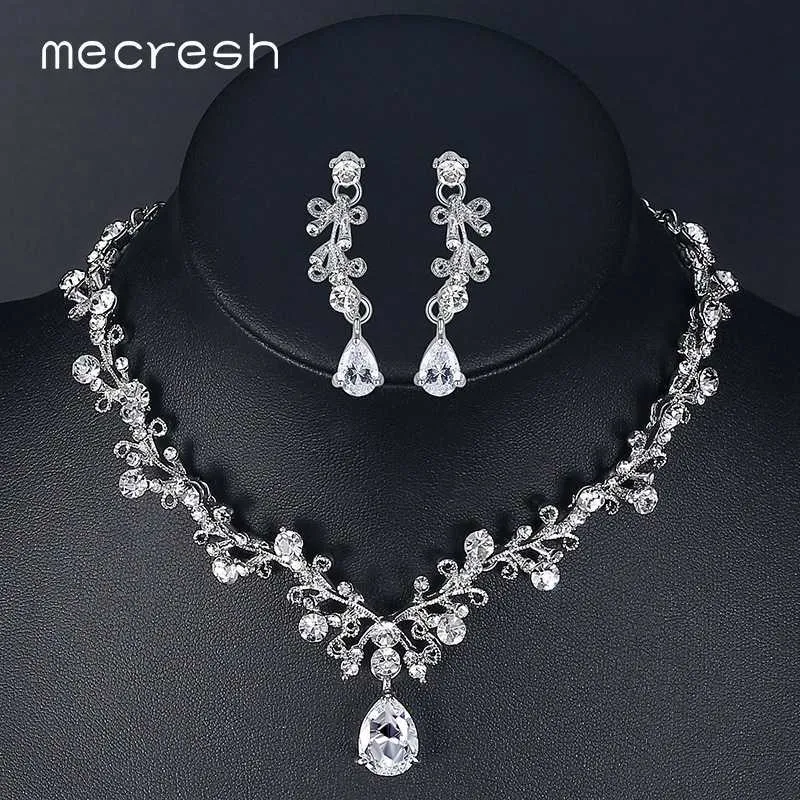 Mecresh Luxus Zirkonia Braut Schmuck Sets Blatt-Form Kristall Strass Party Hochzeit Schmuck Halskette Sets MTL486 H1022