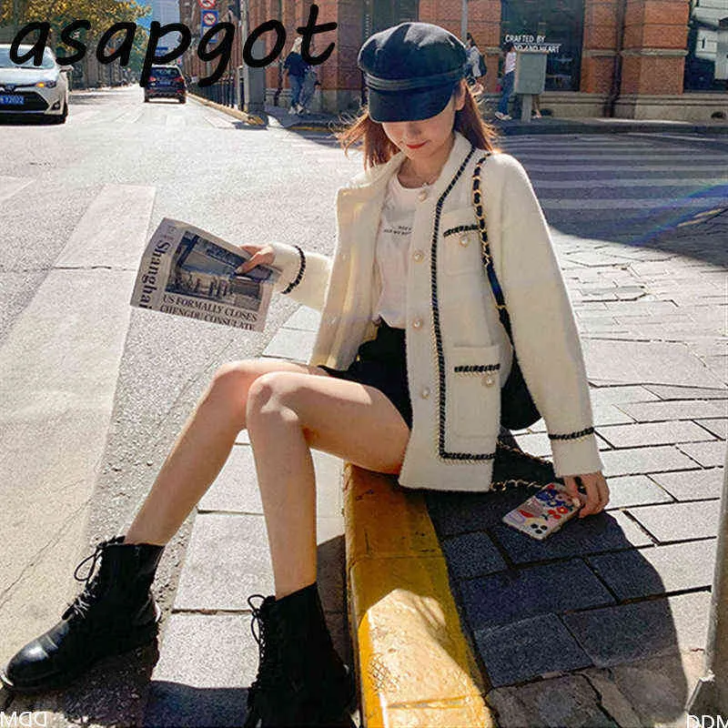 Fashion-Asapgot Cappotto in maglione di cashmere di visone bianco Donna Autunno Inverno Stile pigro Coreano Retro Nero Allentato O Collo Cardigan lavorato a maglia Moda