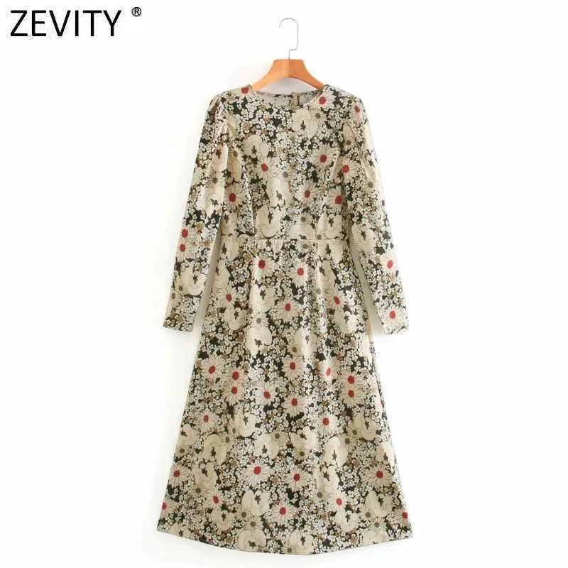 Zevity Women Vintage O Neck Flower Print Back Buttons Midi Sukienka Samica Plagi Puff Sleeve Casual Slim Line Vestido DS4988 210603