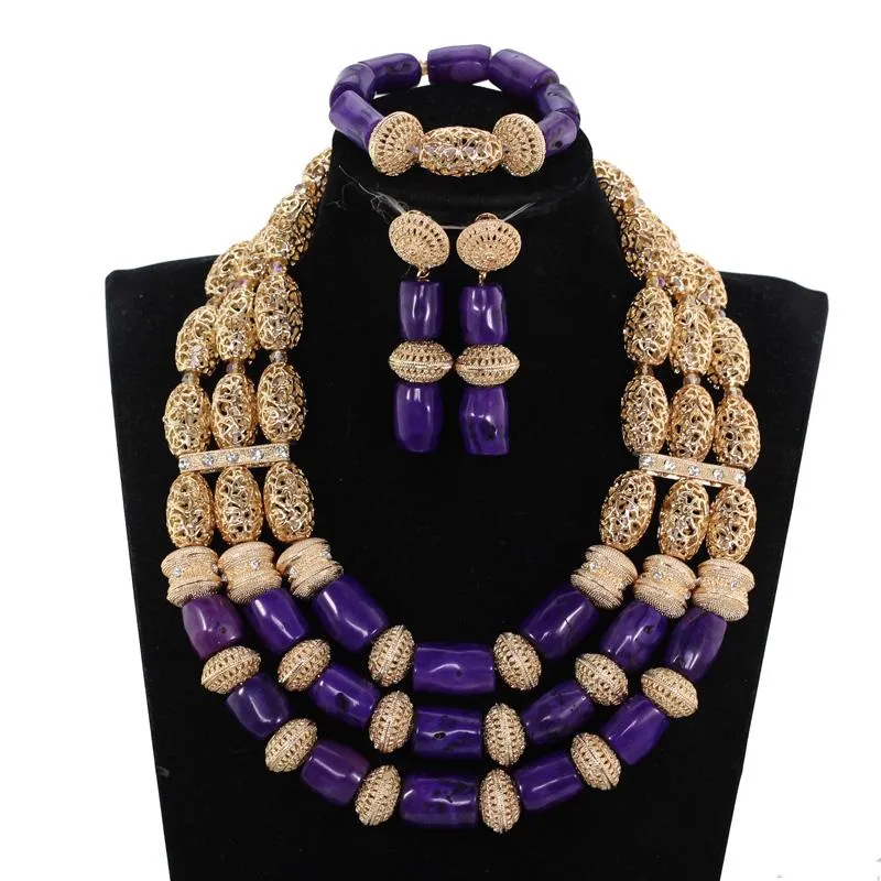 Orecchini Collana Splendida perle africane di corallo viola originale set di spose nigeriane per matrimoni cnr041