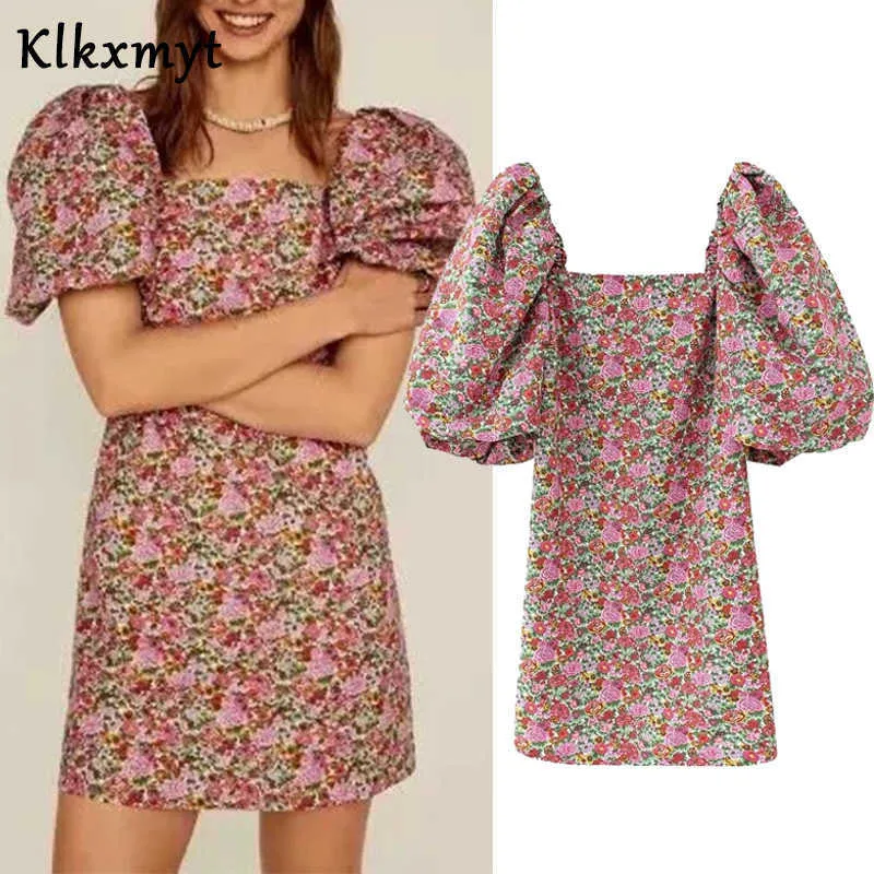 KlkxMyt Ins Blogger Floral Print Puff Sleeve Seksowna Letnia Sukienka Kobiety Vestidos de Fiesta Noche Party Mini 210527