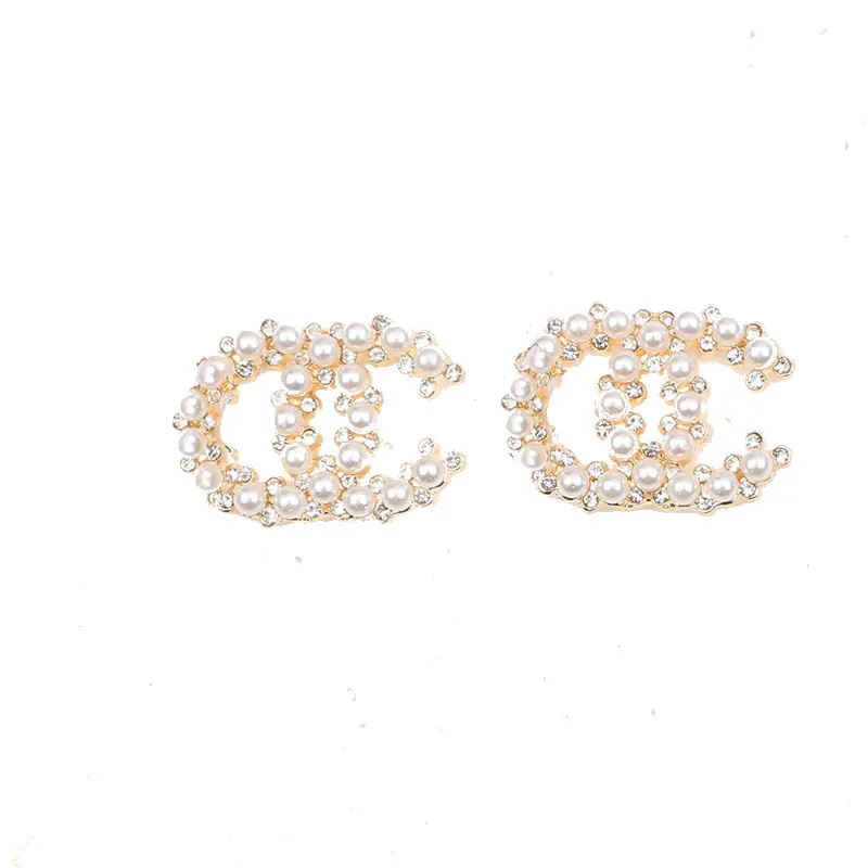 Brincos redondos de luxo com letras duplas banhados a ouro 18K e pérolas, brincos clássicos de luxo, brincos femininos, cristal, strass, para festa de casamento, joias, acessórios