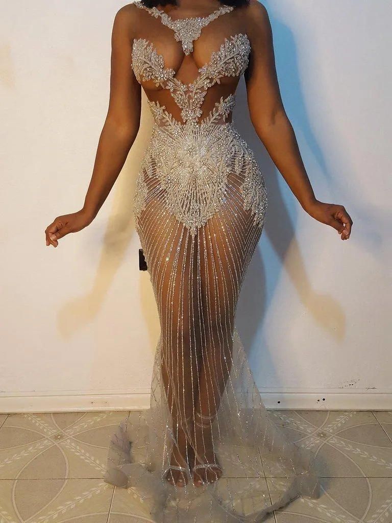 Sparkly Illusion Mermaid Prom Jurken 2021 Arabische Afrikaanse Luxe Beaded Crystal Plus Size Dames Formele Avond Feestjurken