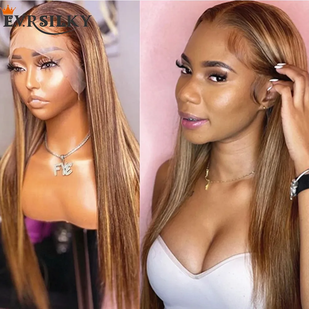 Highlights 13x4 Lace Front Human Hair Wigs with Bleached Knots Straight Brown Honey Blonde Brazilian 360 Frontal Wig 200density