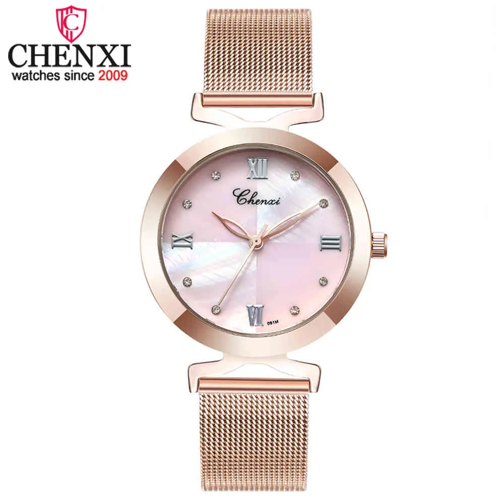 RoseGold Malha Correia Feminino Partzo Relógio Chenxi Moda Senhoras Senhoras Relógios De Pulso De Luxo À Prova D 'Água Analog Relógios Q0524