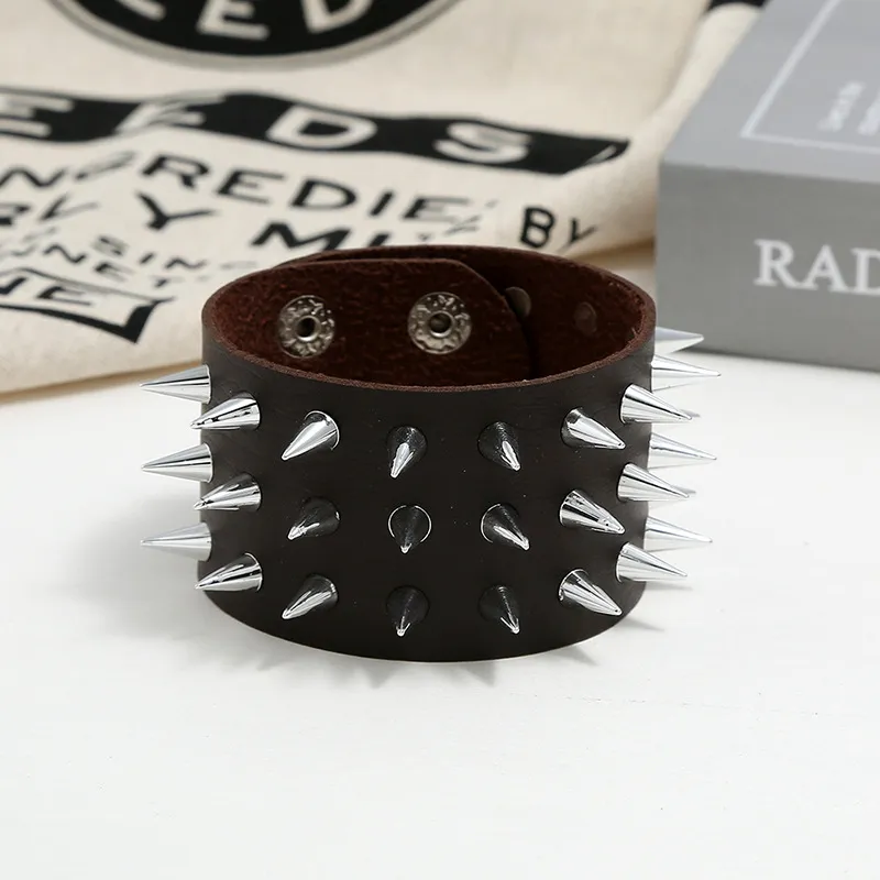 Mens Exaggerated Three Row Tapered Rivets PU Leather Spiked Cuban Chain  Bracelet Trendy Punk Nail Imitation Cowhide From Charm_girls, $2.77