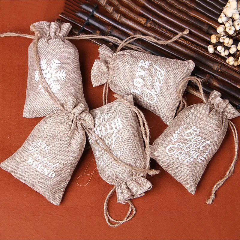 Presentförpackning Jute Väskor Jul Snowflake Drawstring Pouch Bomull Linen Förpackning för Candy Storage Sack Burlap Bag