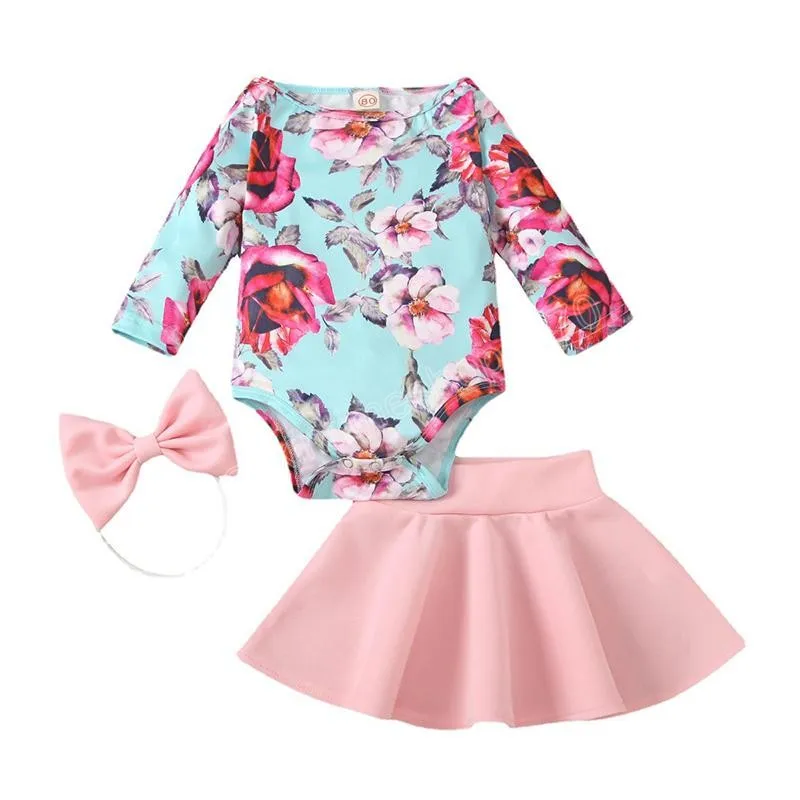 Kinder Kleidung Sets Mädchen Outfits Kinder Blumen Blumendruck Strampler Tops + Röcke + Schleife Stirnband 3 teile/sätze Sommermode Boutique Babykleidung