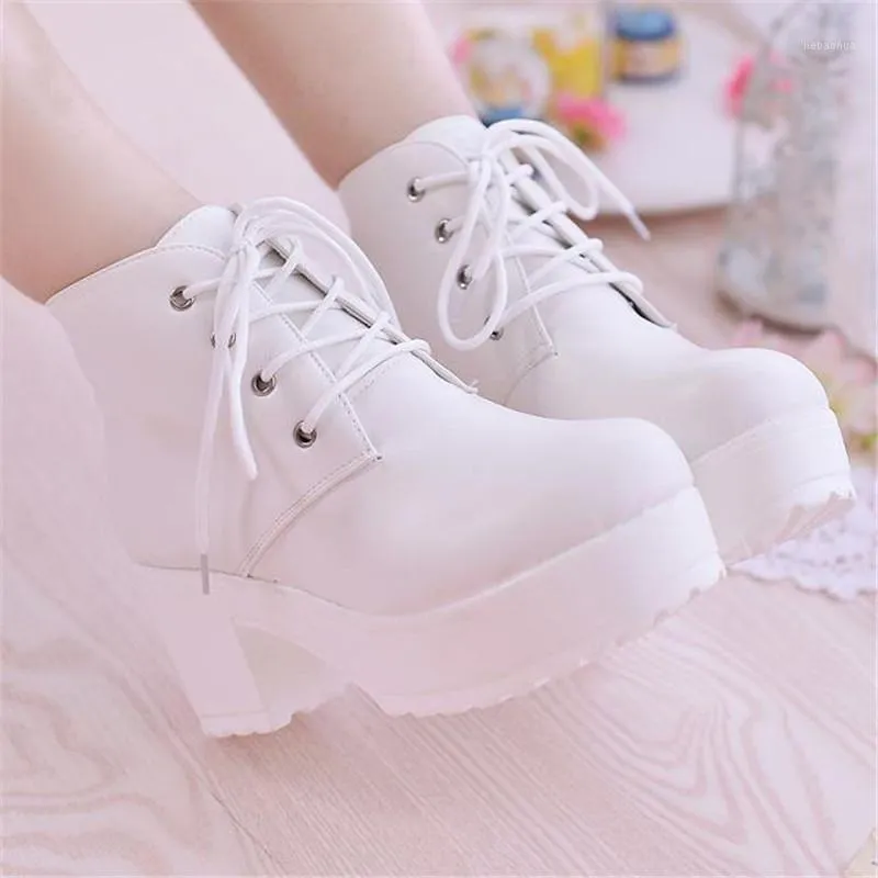 Boots 2021 Women Platform Shoes Lace Up Pu Leater White Black Chunky Heels Woman 35-41