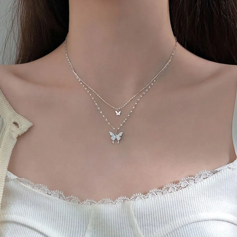 Collana girocollo con pendente a forma di farfalla a doppio strato color argento con catena a O, regalo di nozze per gioielli da donna