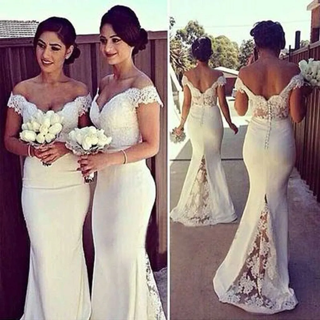 Vestidos de dama de honor de color blanco puro Gasa con hombros descubiertos Apliques de encaje Hasta el suelo Vestidos de noche de dama de honor Vestido de fiesta de boda personalizado