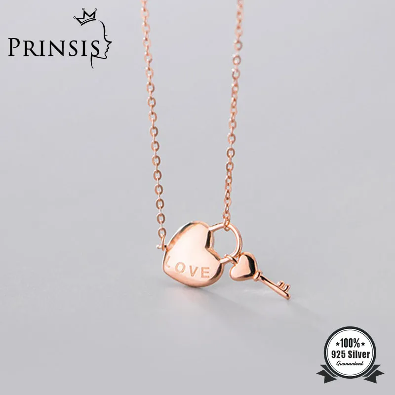 PrinSis Real 925 Sterling Silver Fashion Sweet Romantic Heart Key Necklace For Women Wedding Valentine's Day Jewelry DP039 Q0531