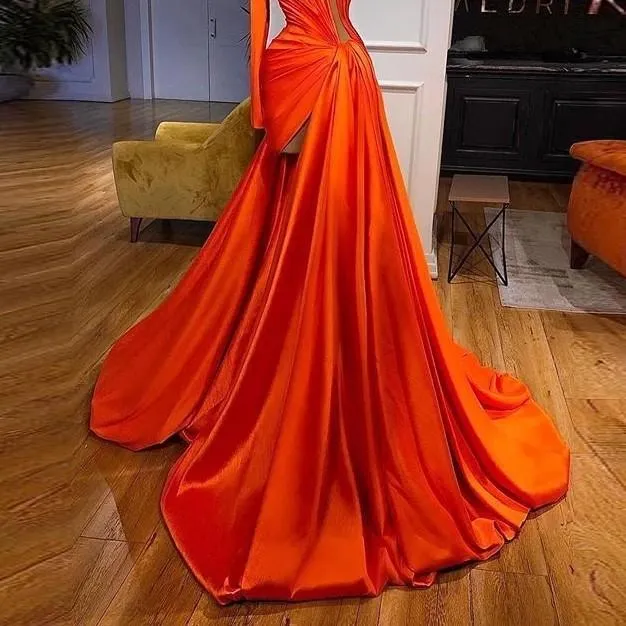 2021 Sexy One Shoulder Satin Orange Evening Gown with V-Neck and Split - Orange Pleated, Perfect for Prom, Formal Events, and Parties