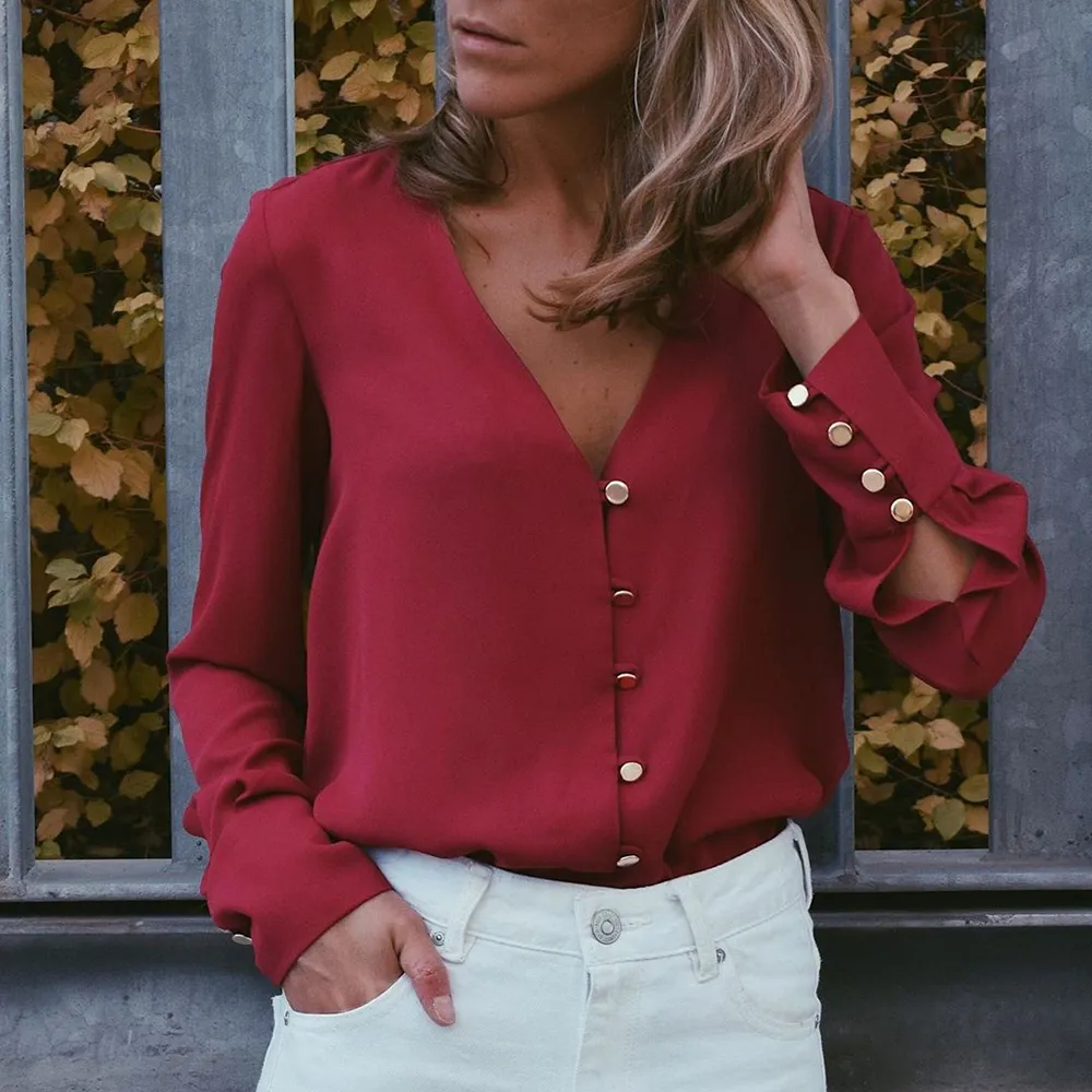 Vente Automne À Manches Longues Blouse Et Chemises Femmes Sexy Col En V Blouses Tops Femme Casual Lâche Chemises Vintage Blusas Mujer Q30 210225