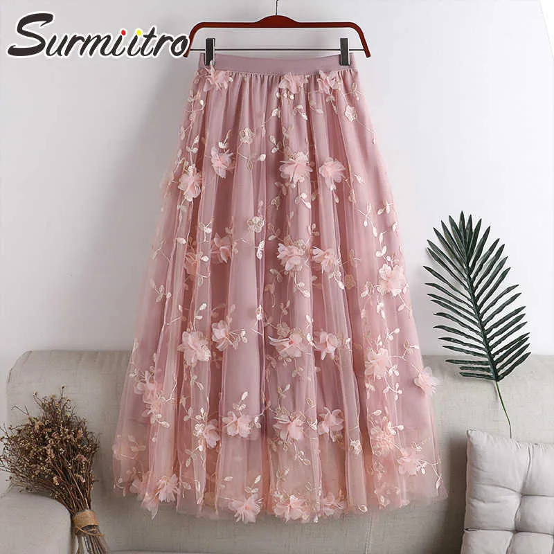 Surmiitro printemps été longue jupe plissée en tulle femmes coréenne maille broderie florale taille haute esthétique jupe midi femme 210712