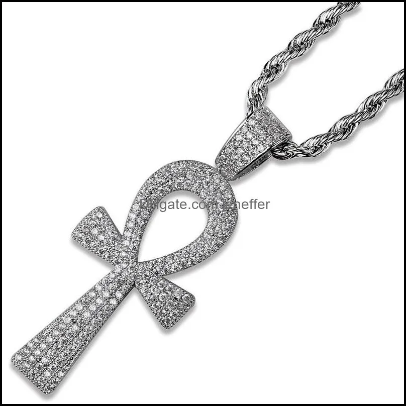 Iced Out Egyptian Ankh Key Pendant Necklace With Chain 2 Colors Fashion Mens Necklace Hip Hop Jewelry Y1220