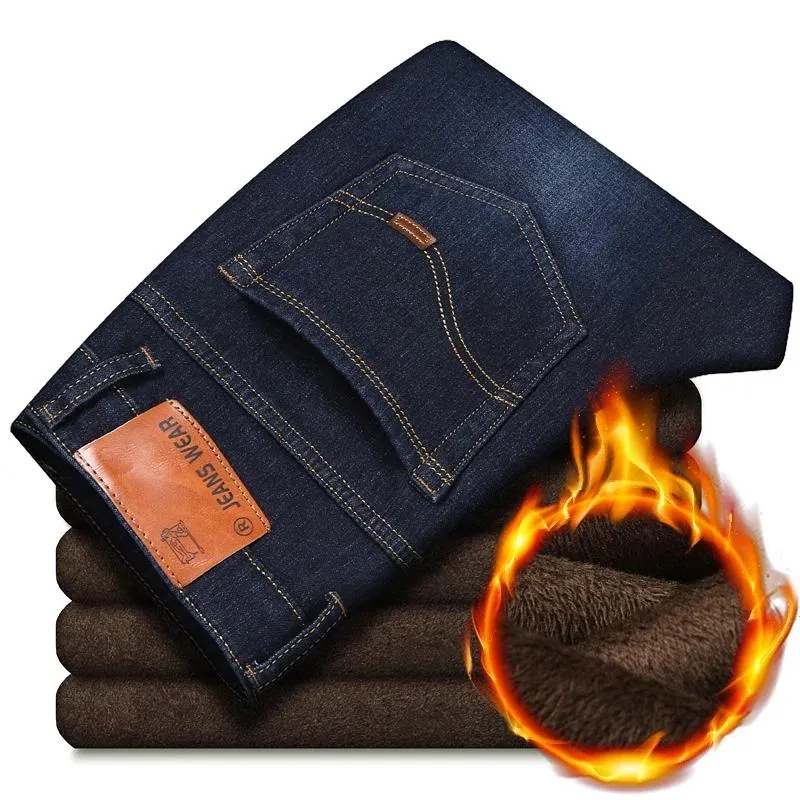 Jeans masculinos outono inverno 2021 mais lã quente negócios casual solta reta estiramento jeans calças marca macho fit calças