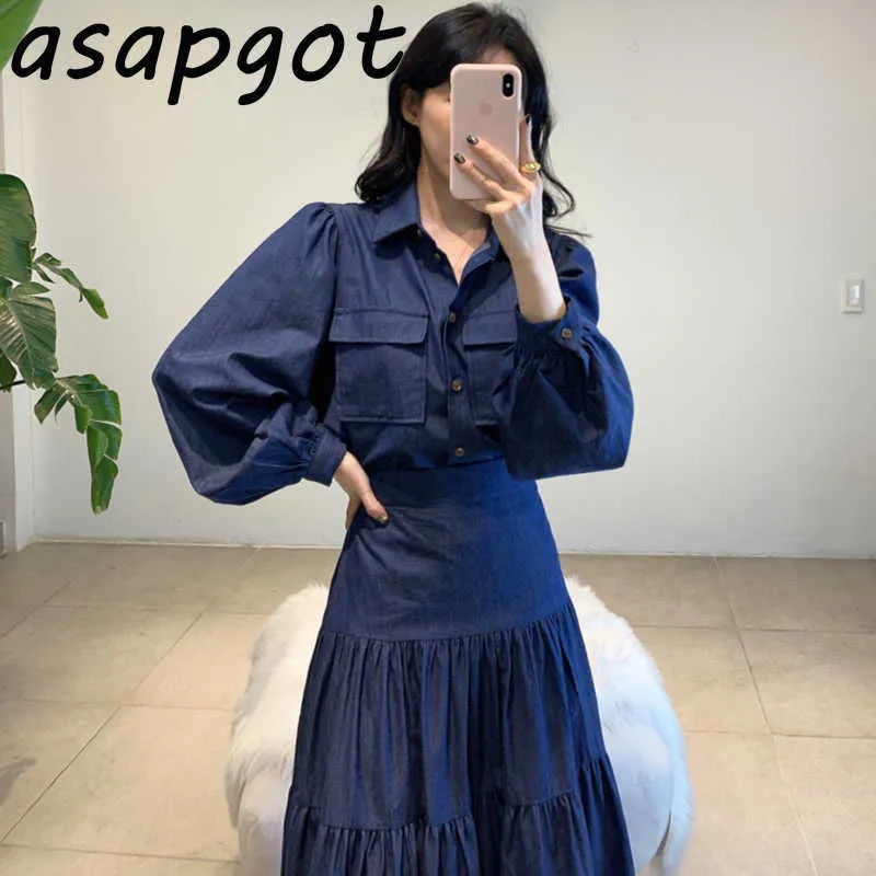 Safari Style Vintage Lapel Double Pocket Denim Blouse Loose High Waist Pleated Big Swing Jeans Skirt Casual Fashion 2piece Set 210610