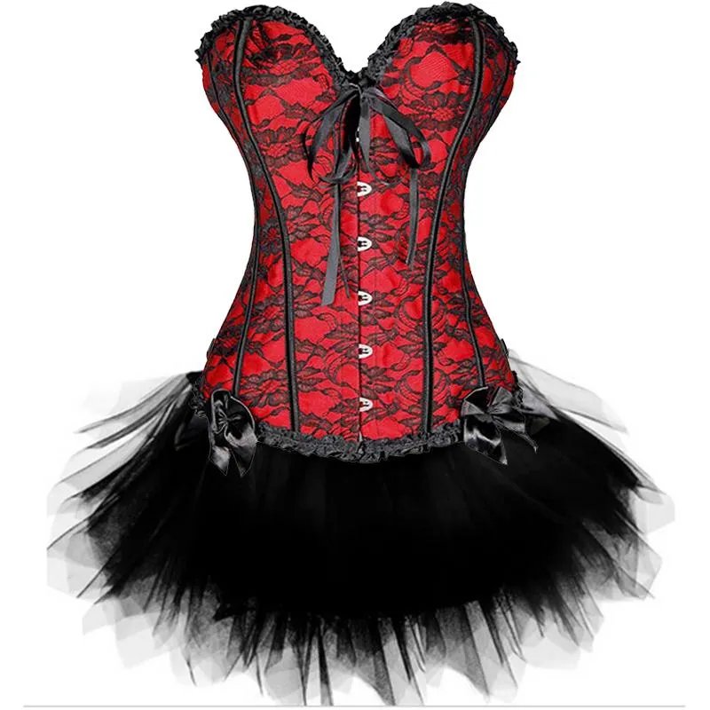 Bustiers korseler kadınlar seksi burlesque overstusts Corset Bustier üst ile mini tutu etek süslü elbiseler kostüm gotik elbise 301v