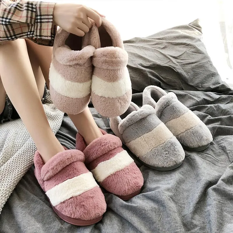 Slippers Winter Women Closed Warm Lining Cozy Home Indoor Short Plush Floor Shoes Couple Adult Mute Hairy Slides