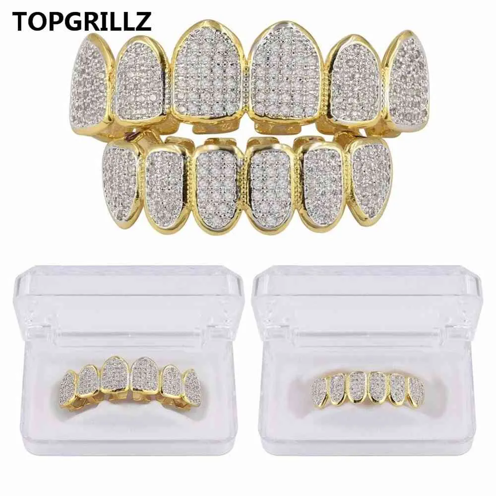 TOPGRILLZ Classic 6/6 Hip Hop/Punk Teeth Grillz Set Gold Silver Color Top & Bottom Grills Dental Mouth Caps Cosplay Party