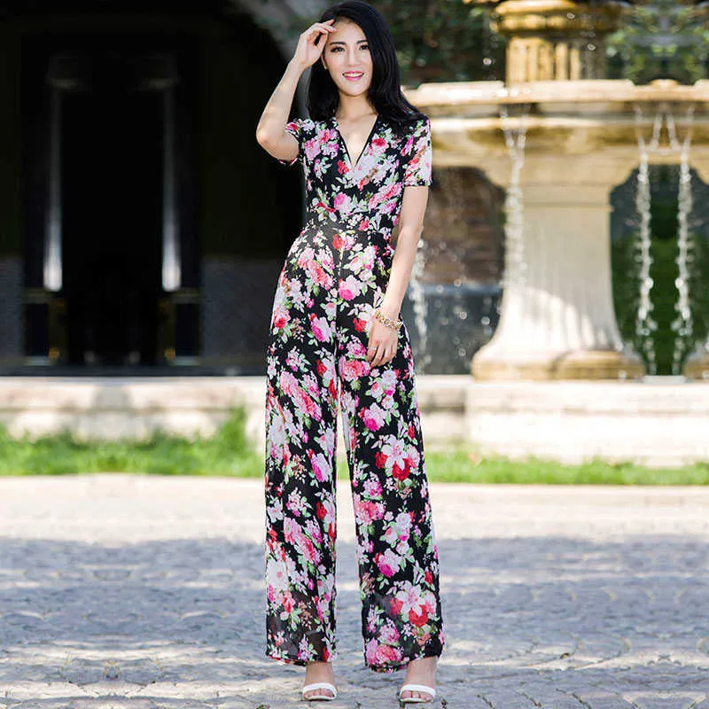 Women Summer Jumpsuit Rompers Chiffon Elegant V-neck Floral Print Full Length Bohemian Fashion Jumpsuits Plus Size 3XL 4XL 210625