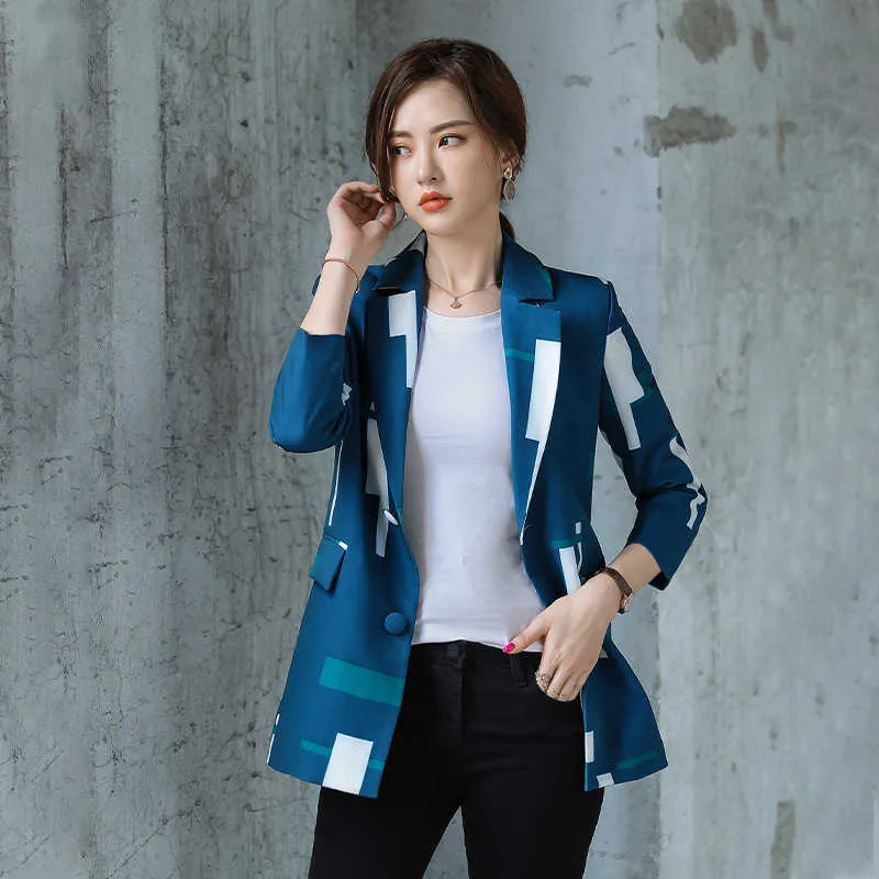 Temperament Slim Lady Jacket Large Size Stylish and elegant printed long-sleeved high-quality blazer Female office top 210527